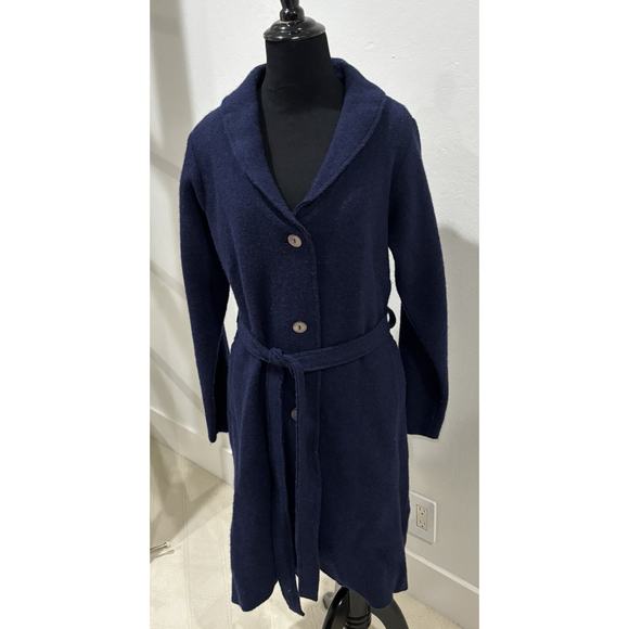 Stewart + Brown Navy Blue Wrap Wool Coat Size Small - Picture 1 of 7